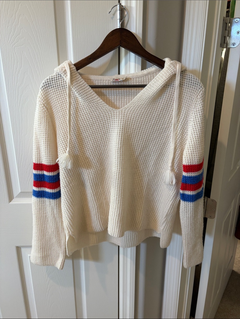 Cream V-Neck Hoodie Sweater with Red & Blue Sleeve Stripes
